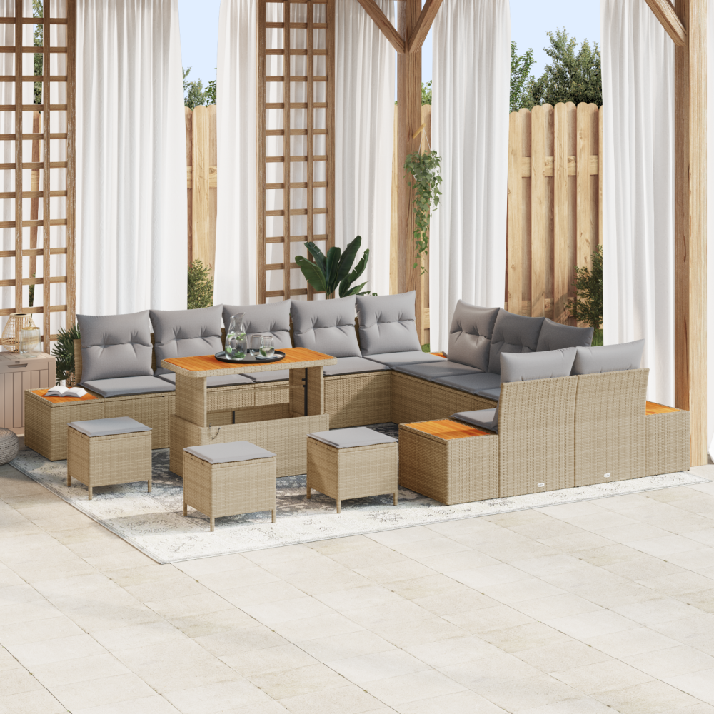 vidaXL 14 Delar Trädgårdsoff set med Kuddar Beige Poly Rotting Akacia