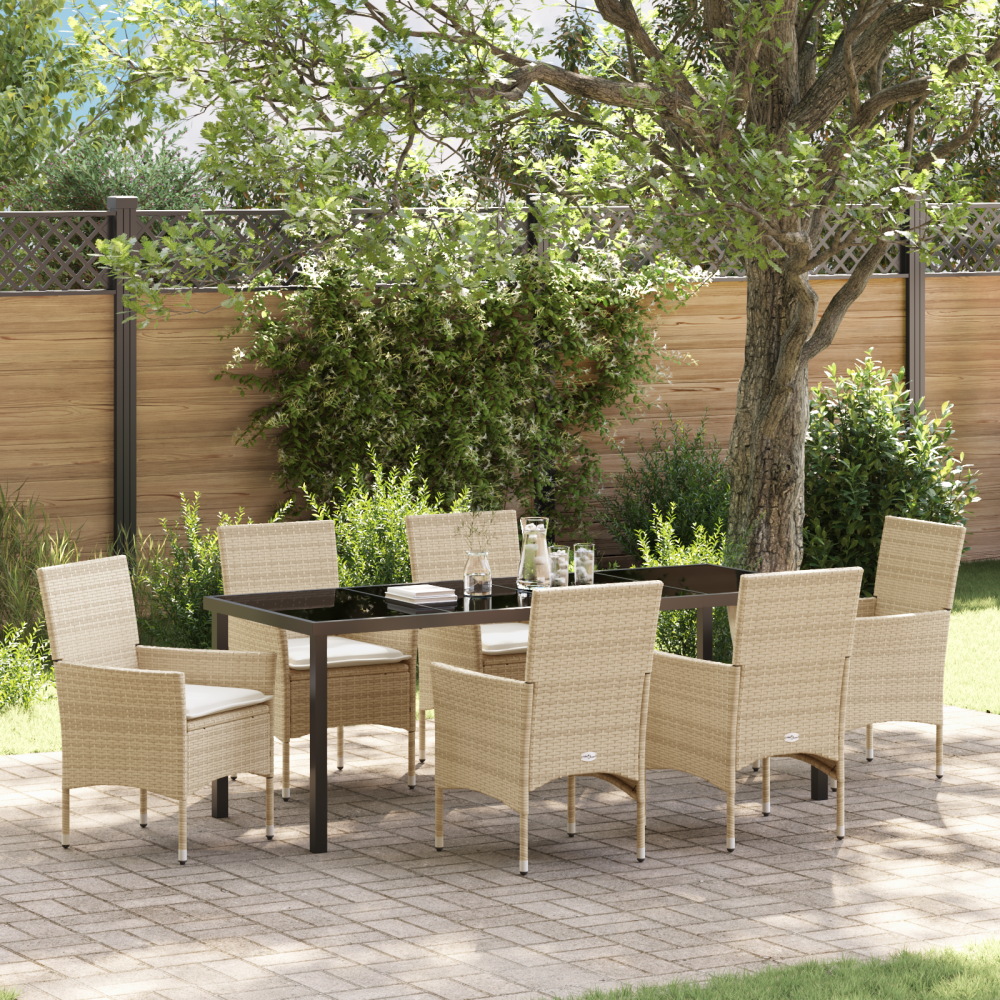 vidaXL 7-delat trädgårdsmatsalset med kuddar Beige Poly Rattan