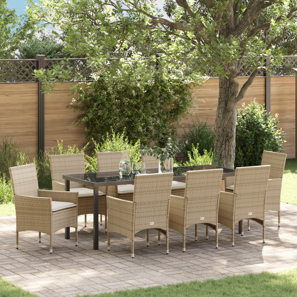 vidaXL Trädgårdsmöbelset med kudde 9 pcs Beige Poly rattan