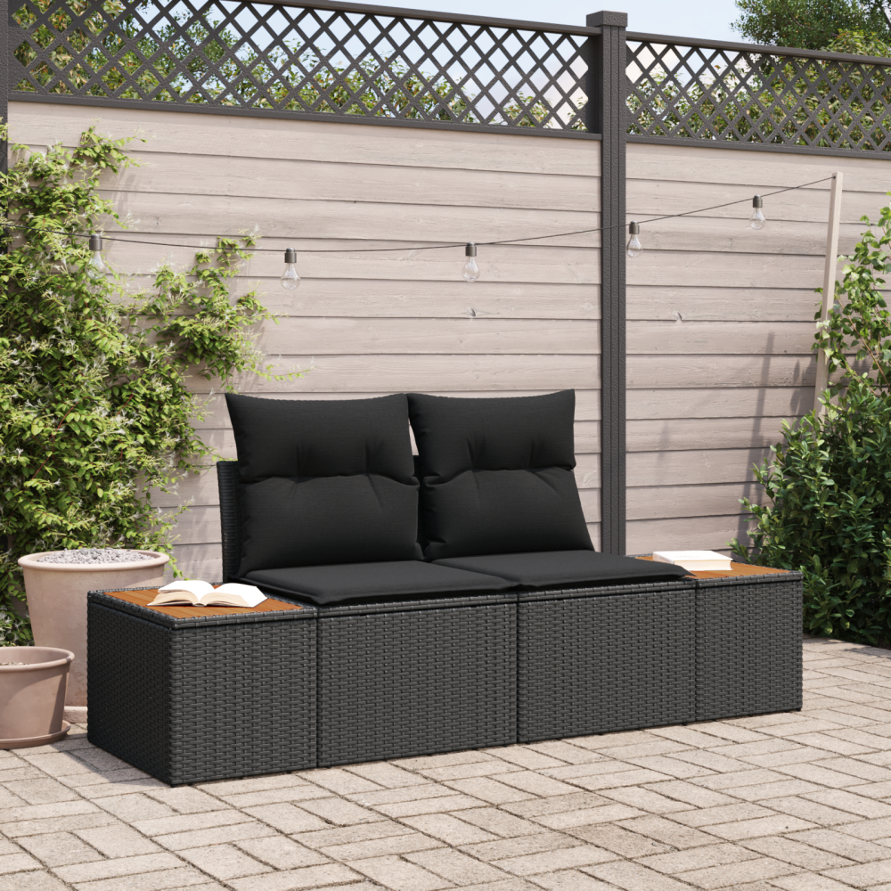 vidaXL 2-sits trädgårdssoffa med kuddar svart poly-rattan