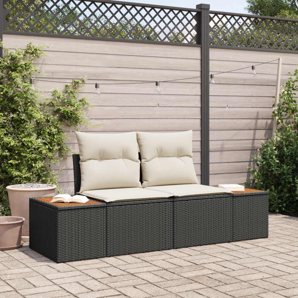 vidaXL 2-sits trädgårdssoffa med förvaring & kuddar svart poly rattan