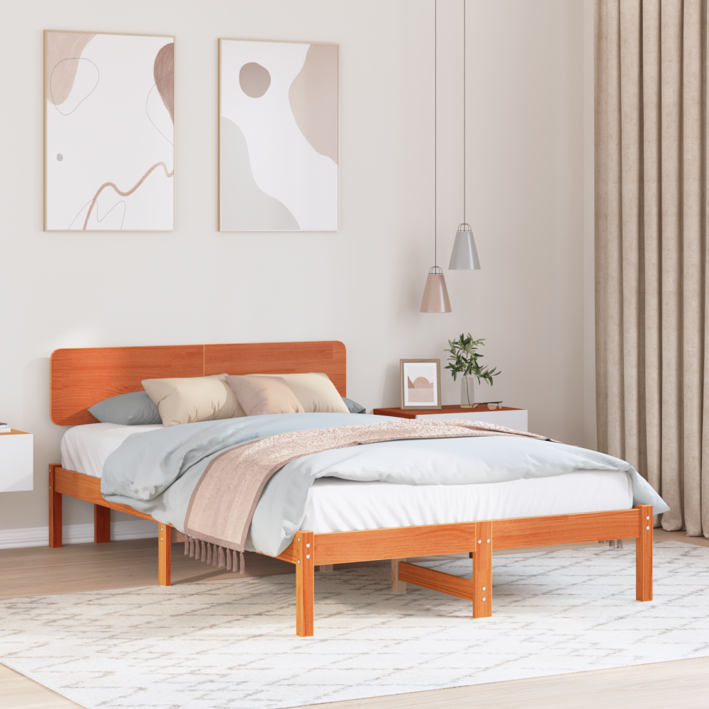 vidaXL Sängram med huvudgavel Vaxbrun 135 x 190 cm Massiv furu
