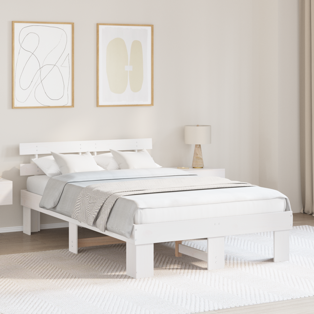 vidaXL Sängram med huvudgavel Vit 135 x 190 cm Massiv furu