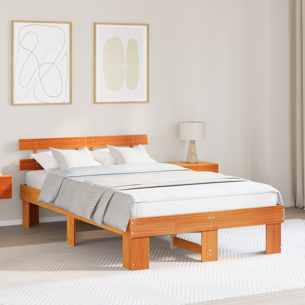 vidaXL Sängram med huvudgavel Vaxbrun 135 x 190 cm Massiv furu