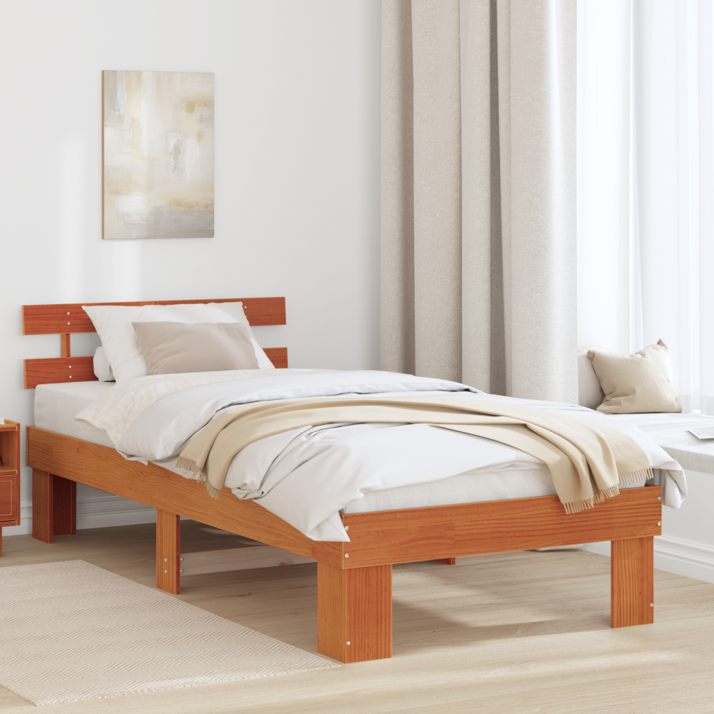 vidaXL Sängram med huvudgavel Vaxbrun 75 x 190 cm Massiv furu