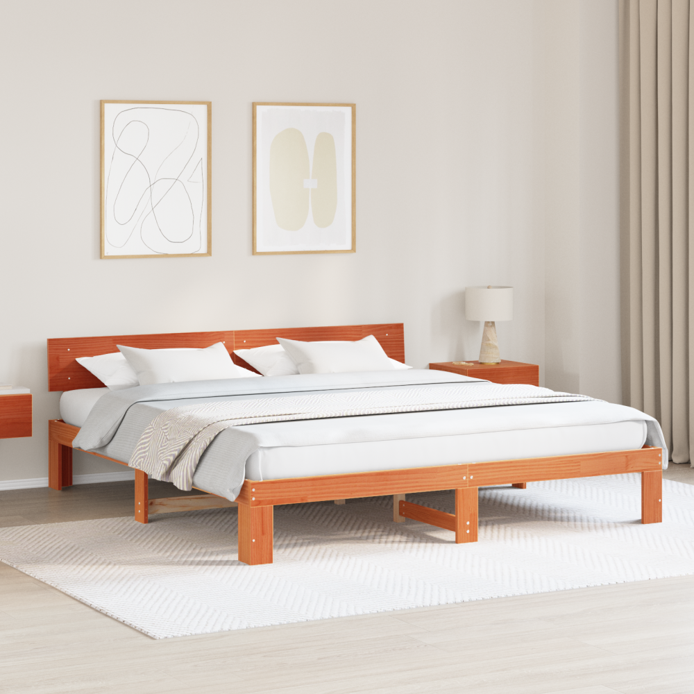 vidaXL Sängram med huvudgavel Vaxbrun 200 x 200 cm Massiv furu