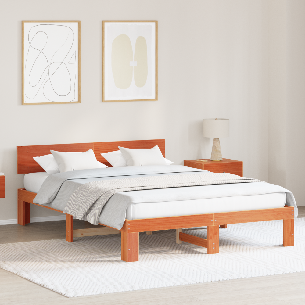 vidaXL Sängram med huvudgavel Vaxbrun 140 x 200 cm Massiv furu