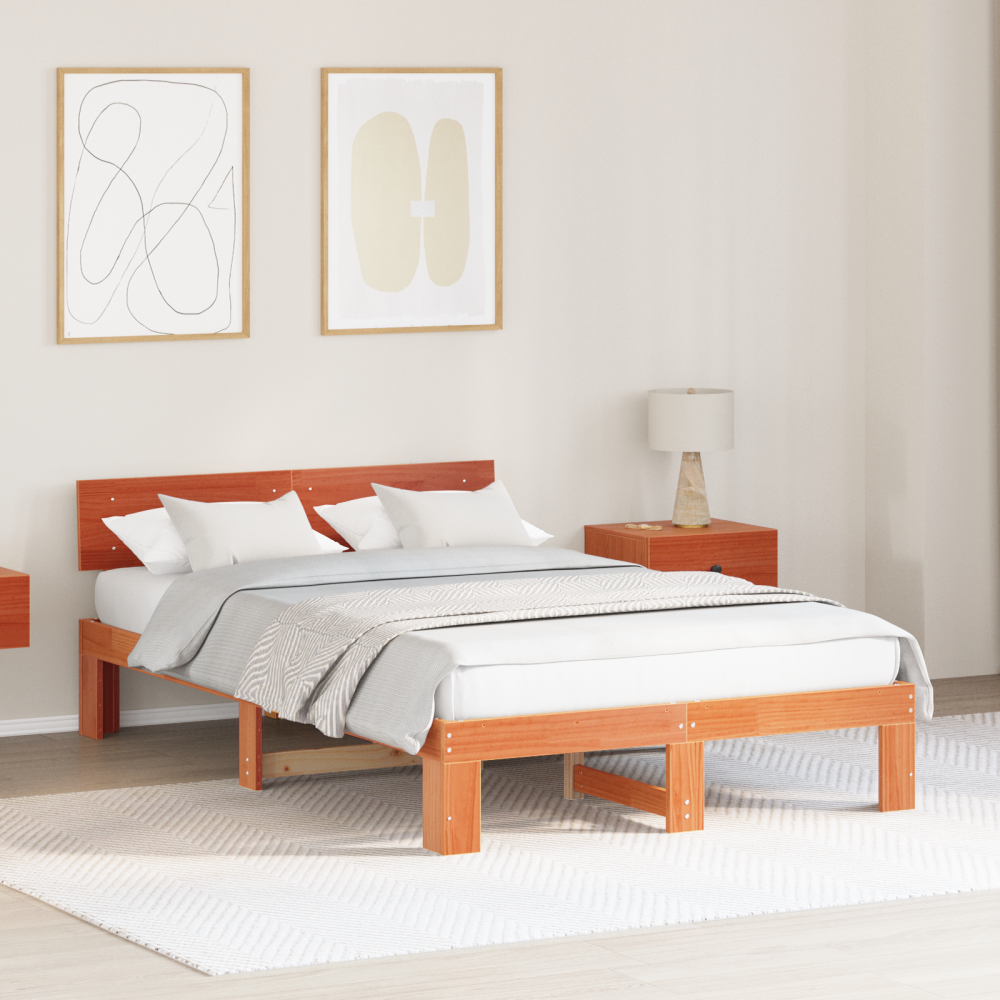 vidaXL Sängram med huvudgavel Vaxbrun 120 x 190 cm Massiv furu