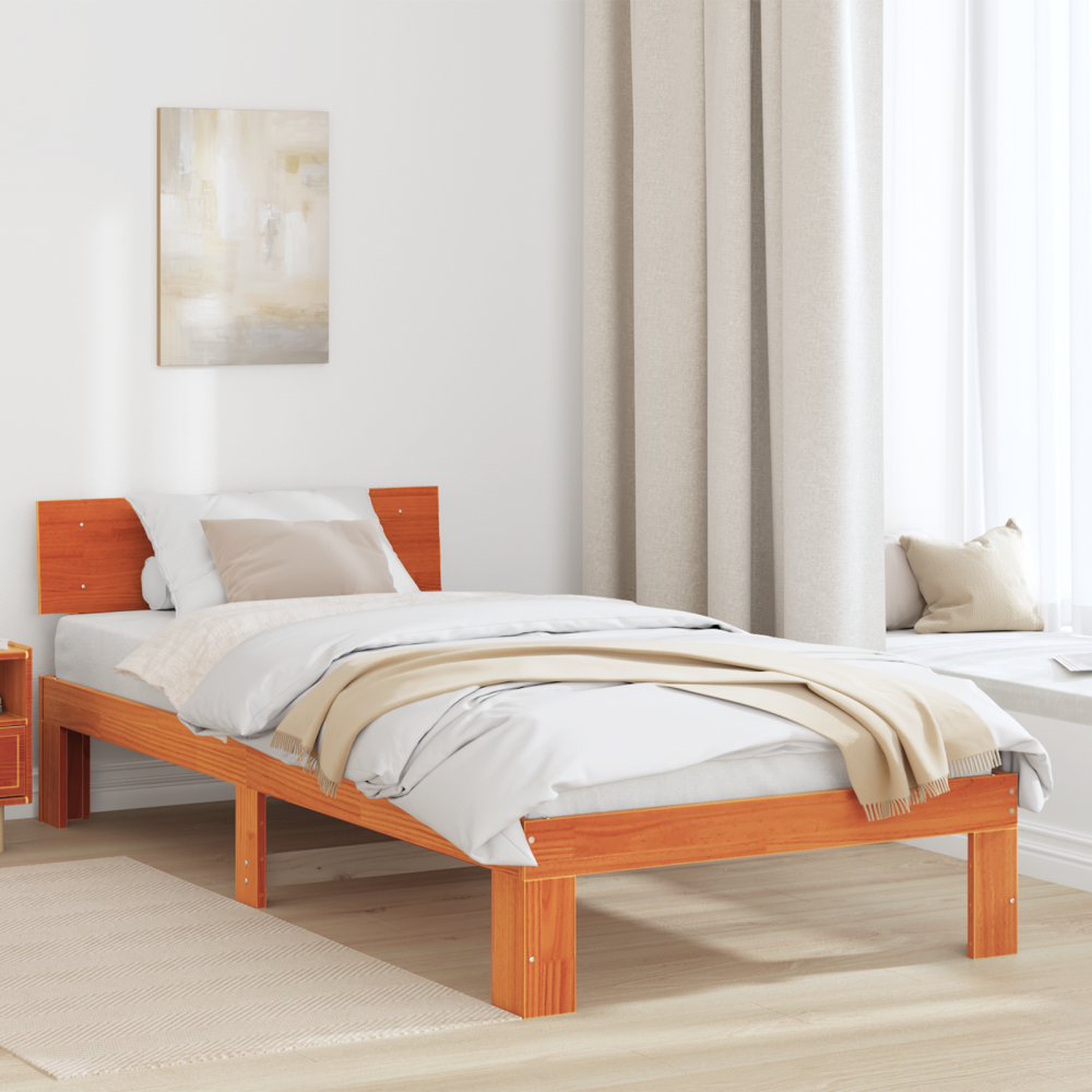 vidaXL Sängram med huvudgavel Vaxbrun 90 x 200 cm Massiv furu