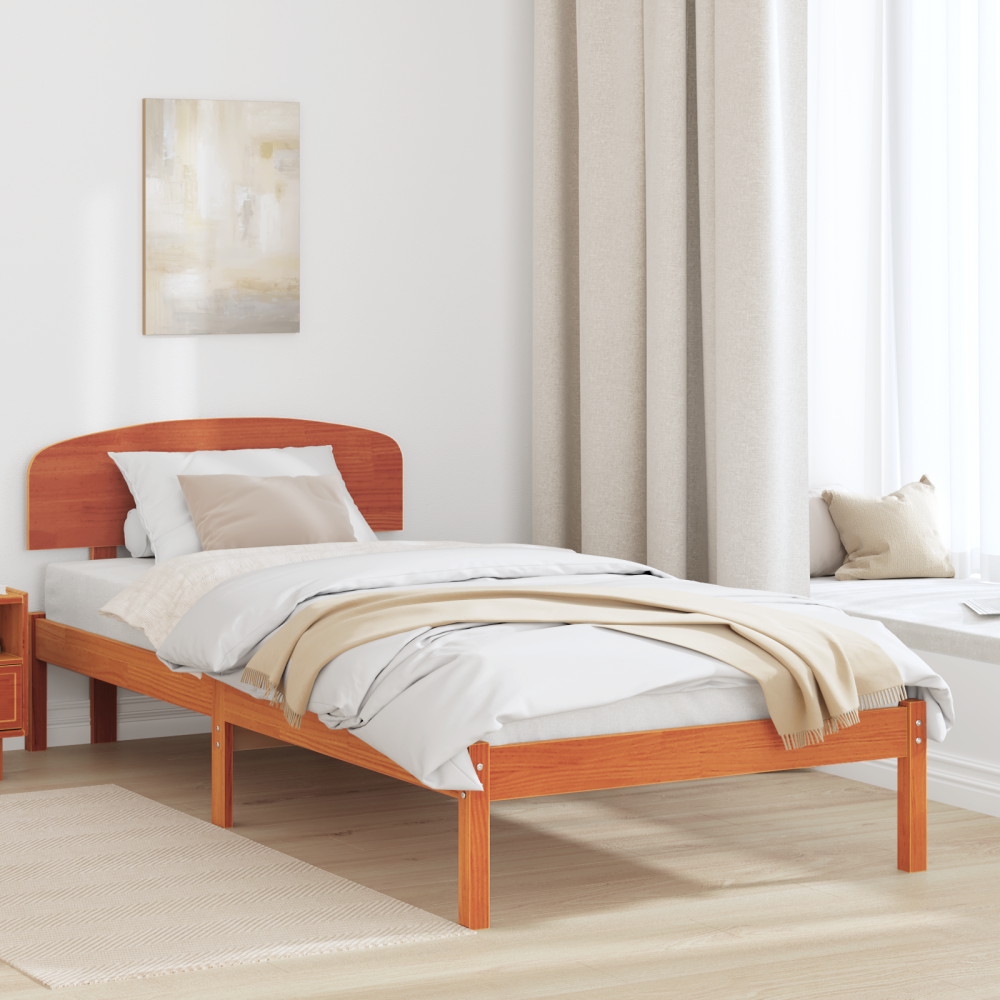 vidaXL Sängram med huvudgavel Vaxbrun 90 x 200 cm Massiv furu