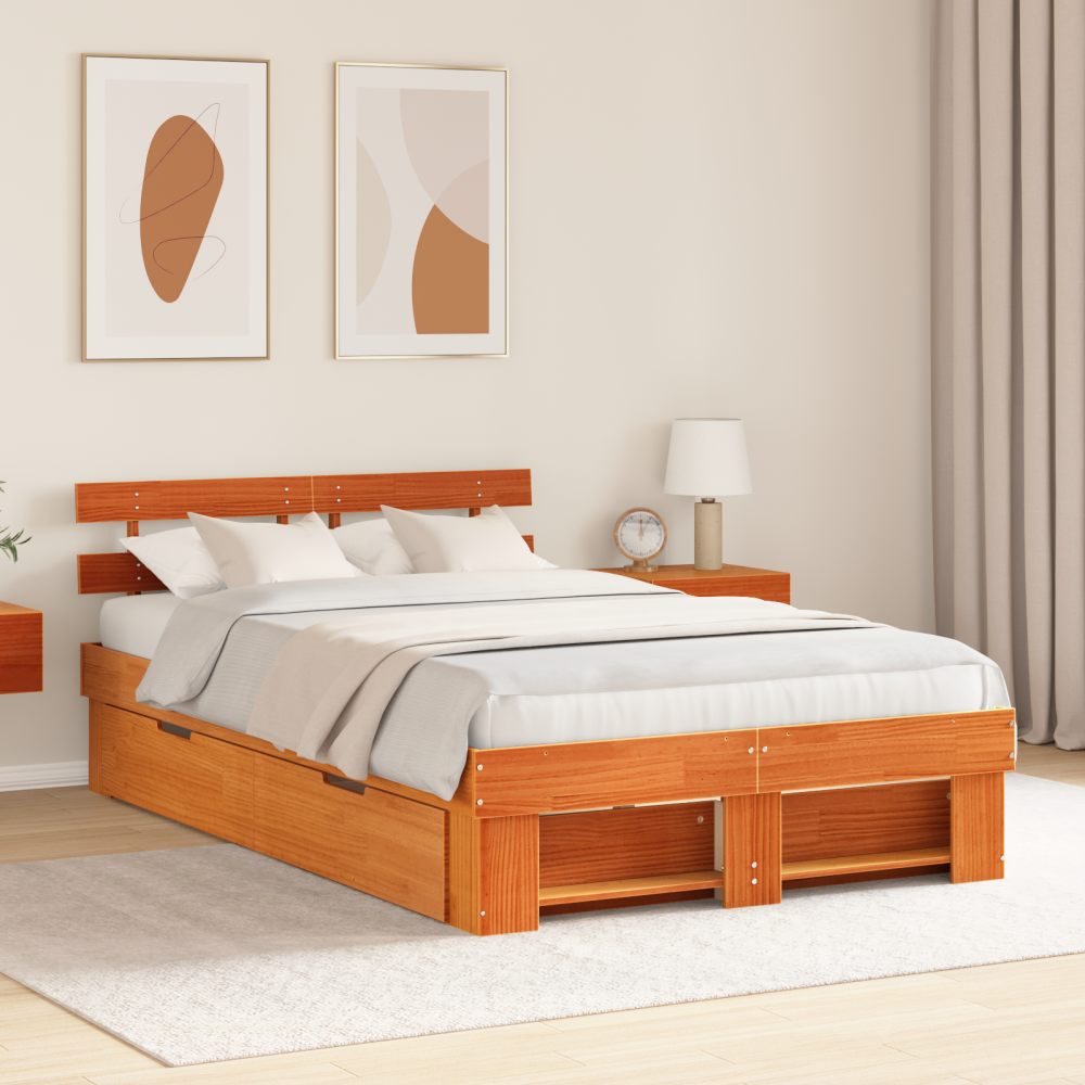 vidaXL Sängram med huvudgavel Vaxbrun 135 x 190 cm Massiv furu