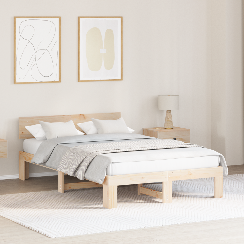 vidaXL Sängram med huvudgavel Naturfärg 140 x 190 cm Massiv furu