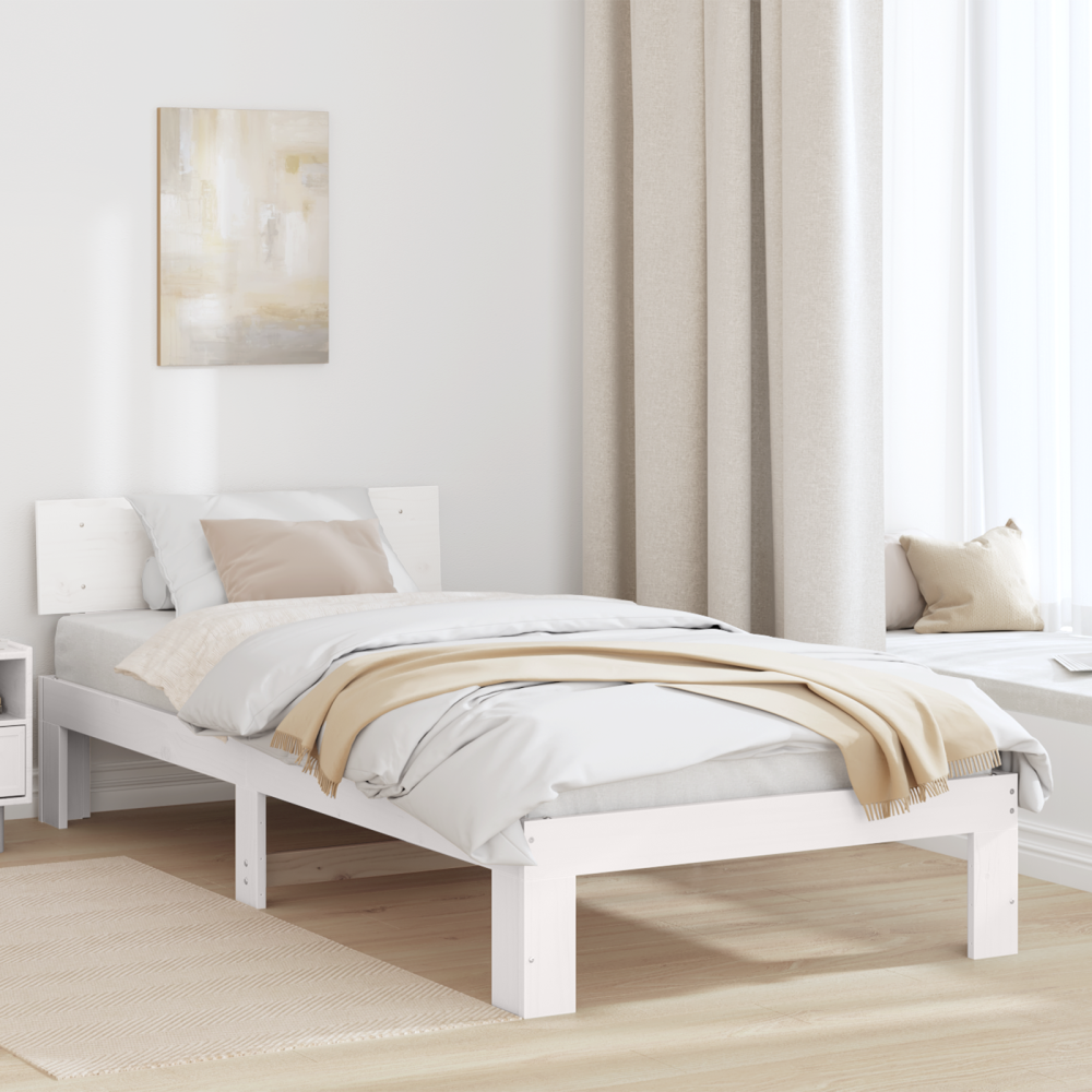 vidaXL Sängram med huvudgavel Vit 90 x 200 cm Massiv furu