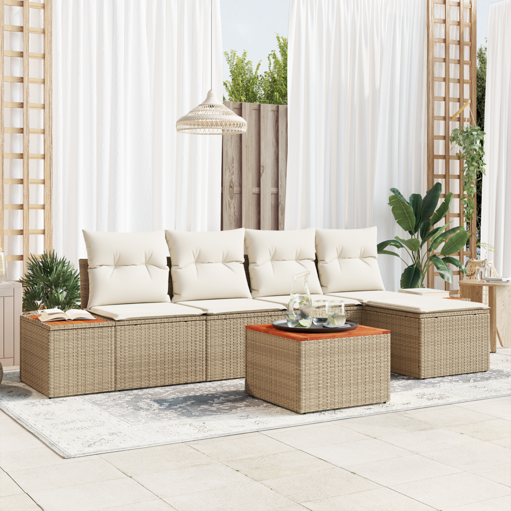 vidaXL 6-delat trädgårdsoff-set med kuddar Beige Poly Rotting Akacia