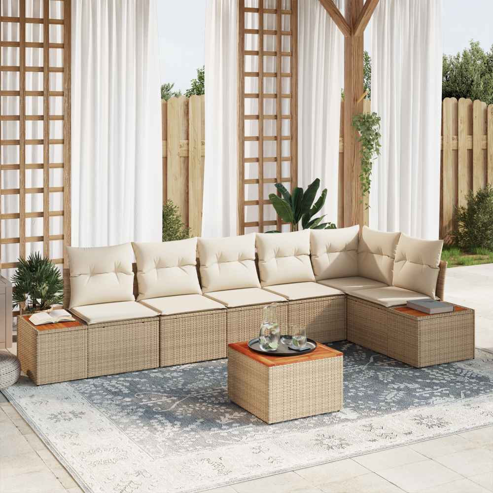 vidaXL 7-delad Trädgårdsoffgrupp med Kuddar Beige Poly Rattan Akacia