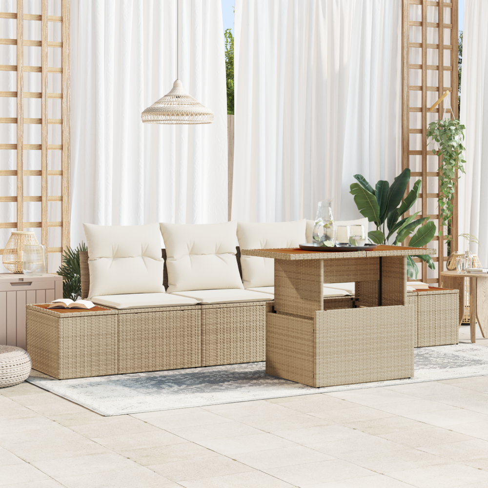 vidaXL 5-delad trädgårdsoffgrupp med kuddar beige poly rattan