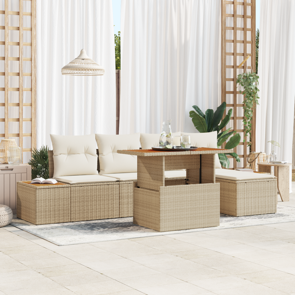vidaXL 6-delars Trädgårdsoffset med Kuddar Beige Poly Rattan
