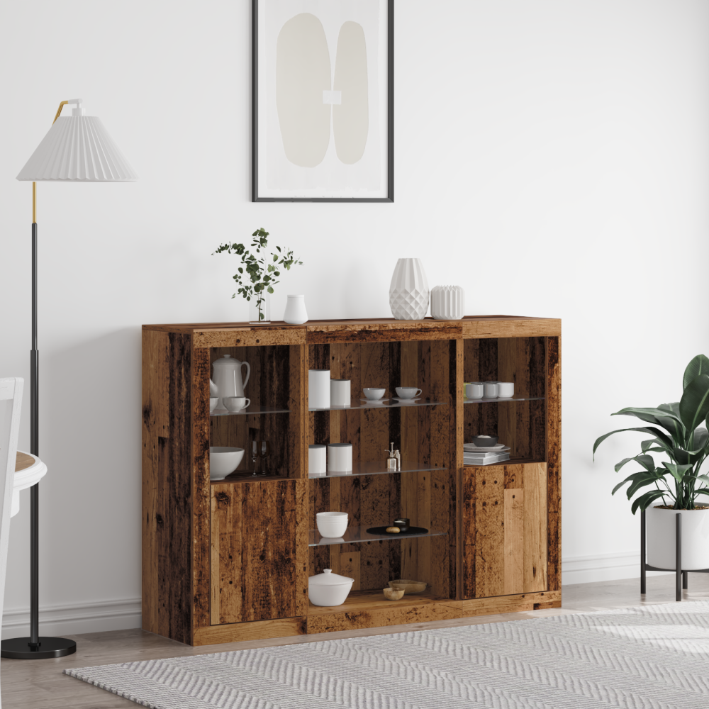 vidaXL Sideboard med LED-lampor gammalt trä 142.5x37x100 cm konstruerat trä