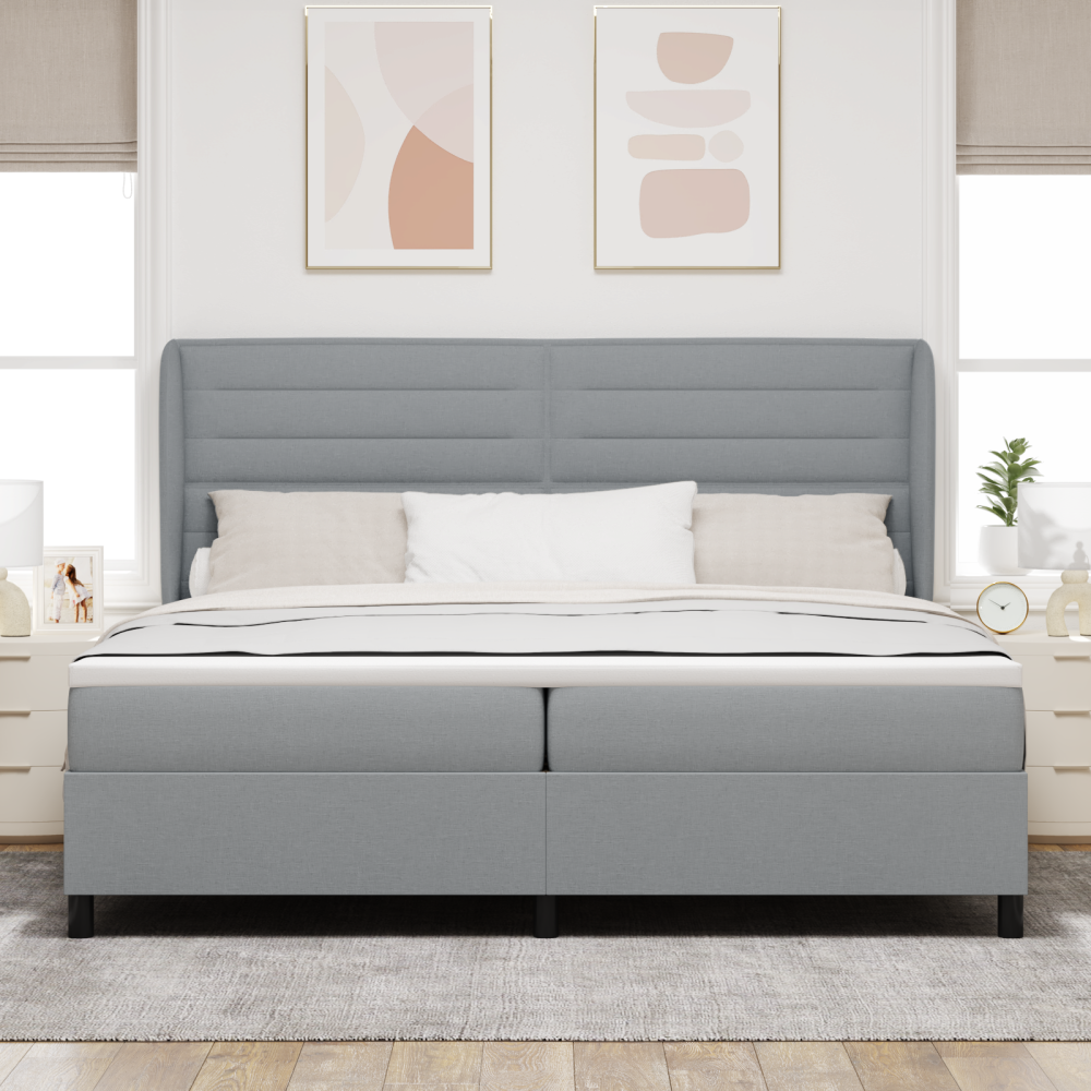 vidaXL Bäddfjäder med madrass med huvudgavel Ljusgrå 200 x 200 cm tyg