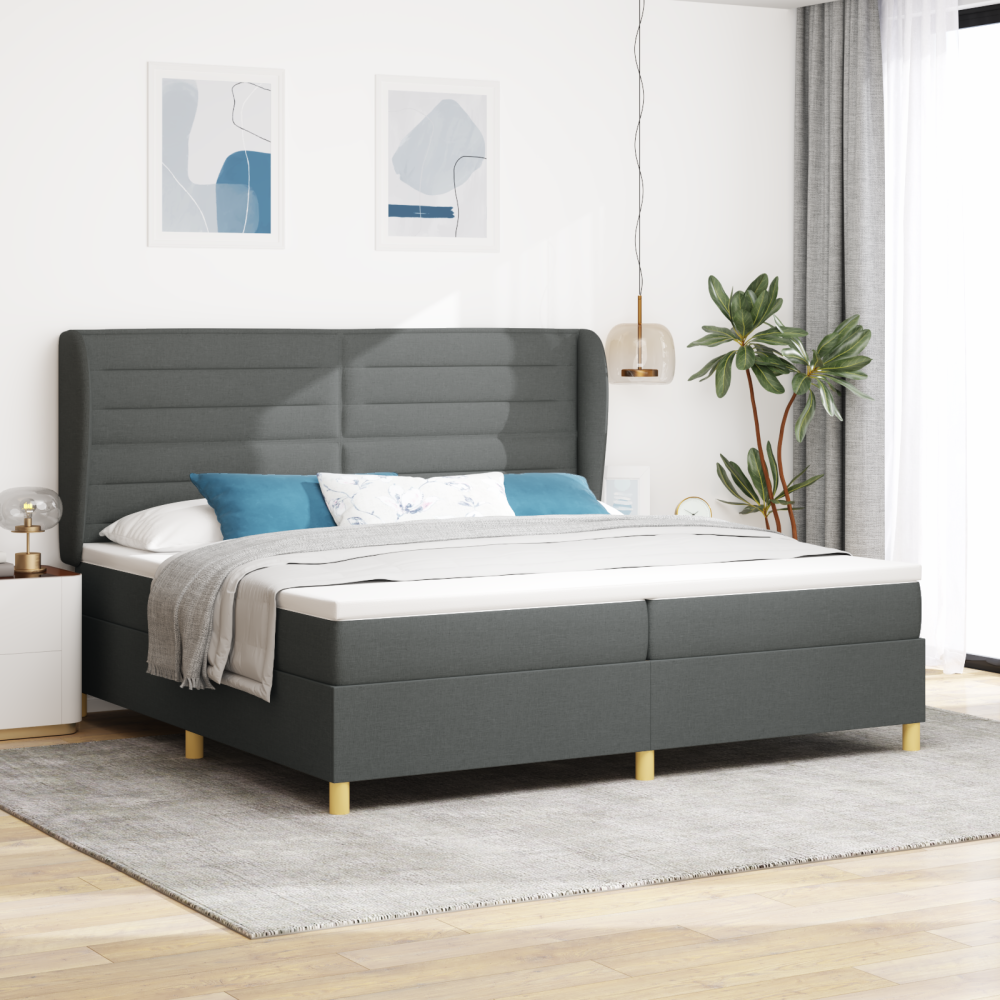 vidaXL Bäddfjäder med madrass med huvudgavel Mörkgrå 200 x 200 cm tyg