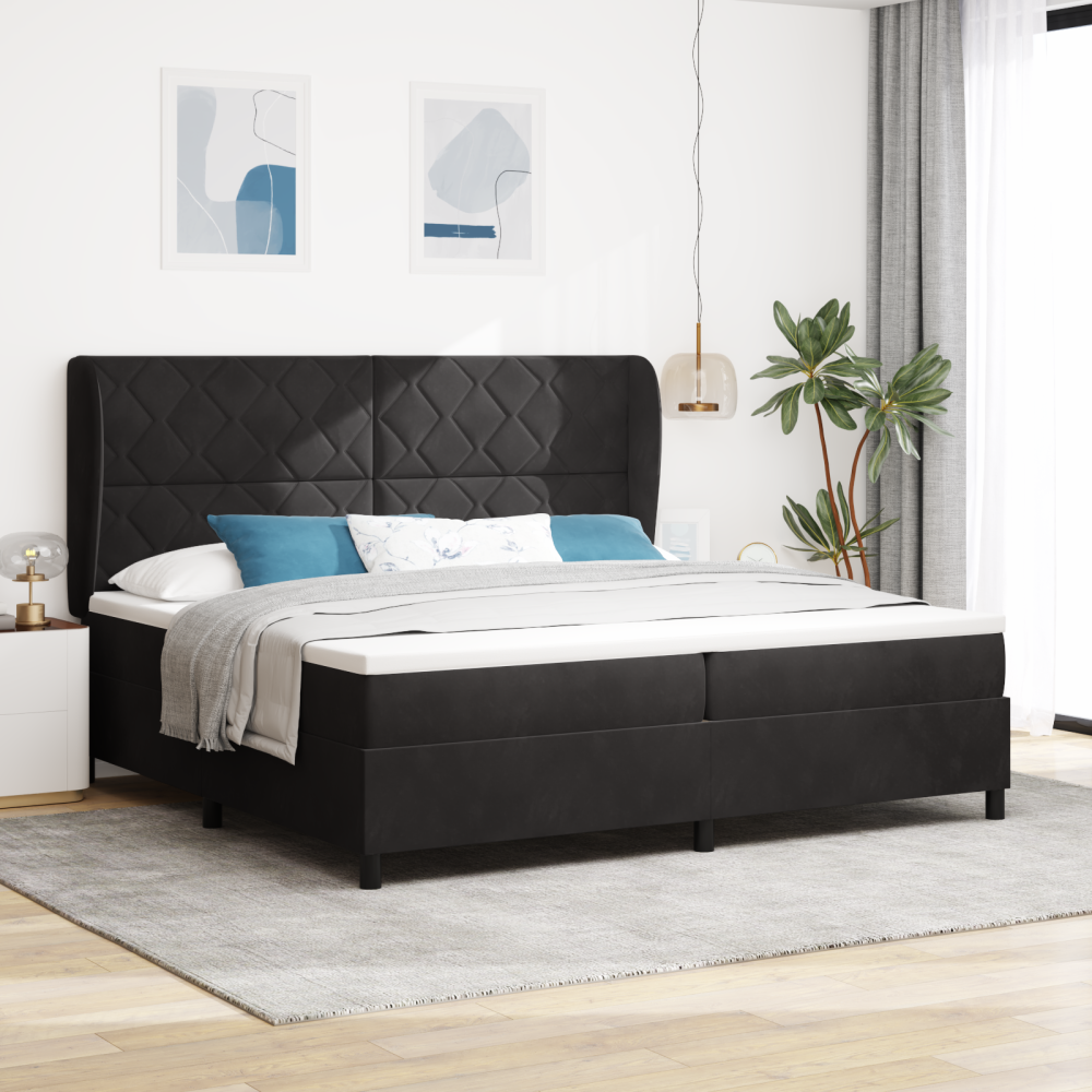 vidaXL Bäddfjäder med huvudgavel Svart 200 x 200 cm Sammet