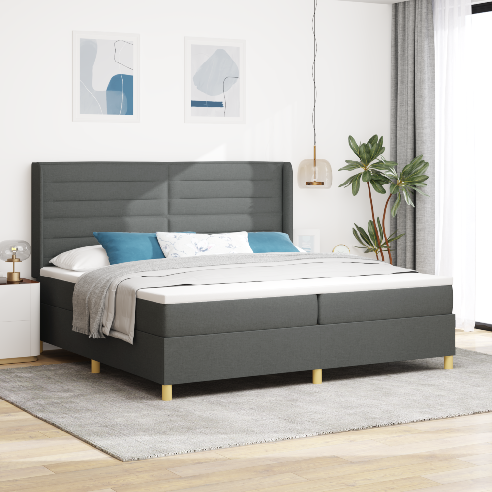 vidaXL Bäddfjäder med madrass med huvudgavel Mörkgrå 200 x 200 cm tyg