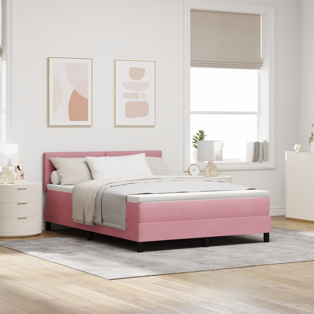vidaXL LED Box Säng med LED-ljusslingor Rosa 160 x 200 cm Sammet