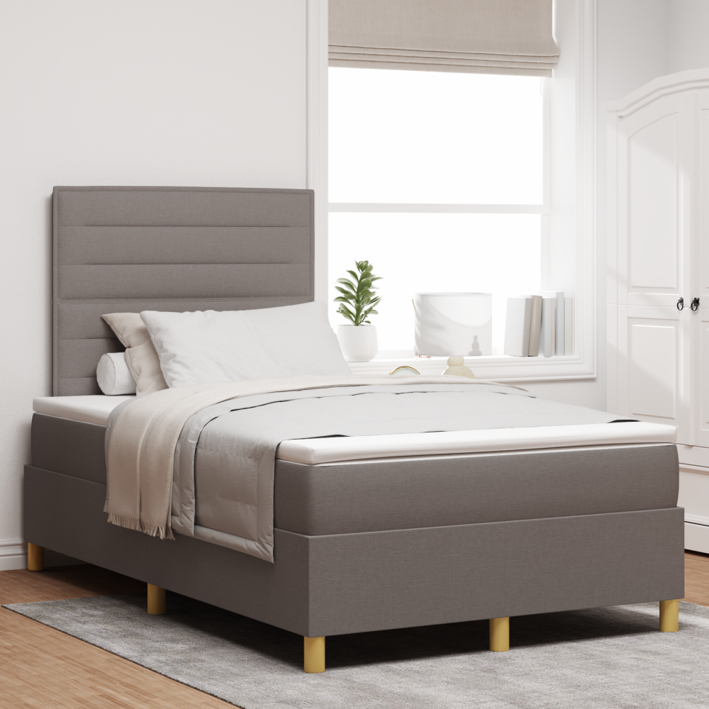 vidaXL LED Box Säng med madrass med huvudgavel Taupe 120 x 190 cm tyg