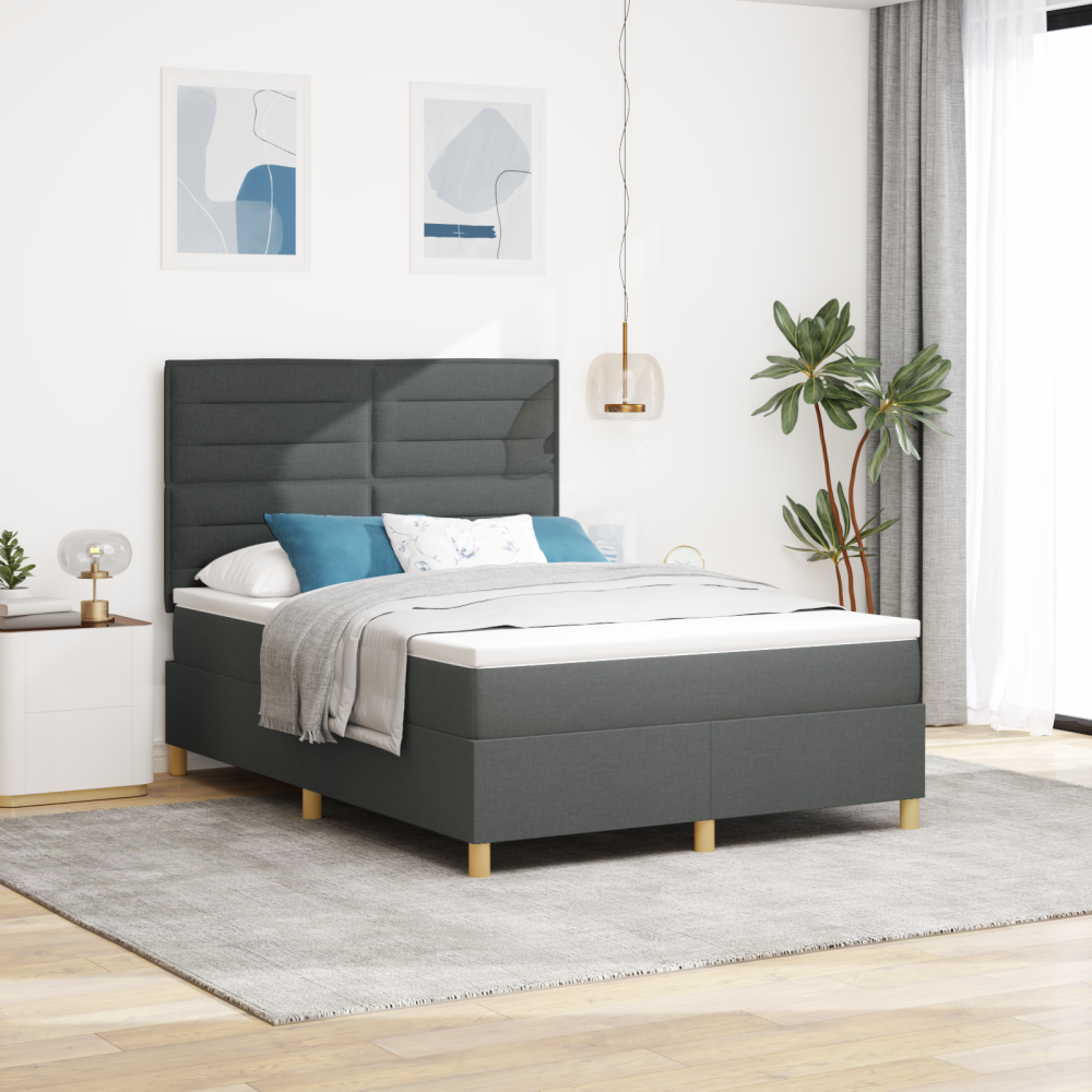vidaXL Box Spring Säng med Madrass & LED Mörkgrå 160x200 cm Tyg