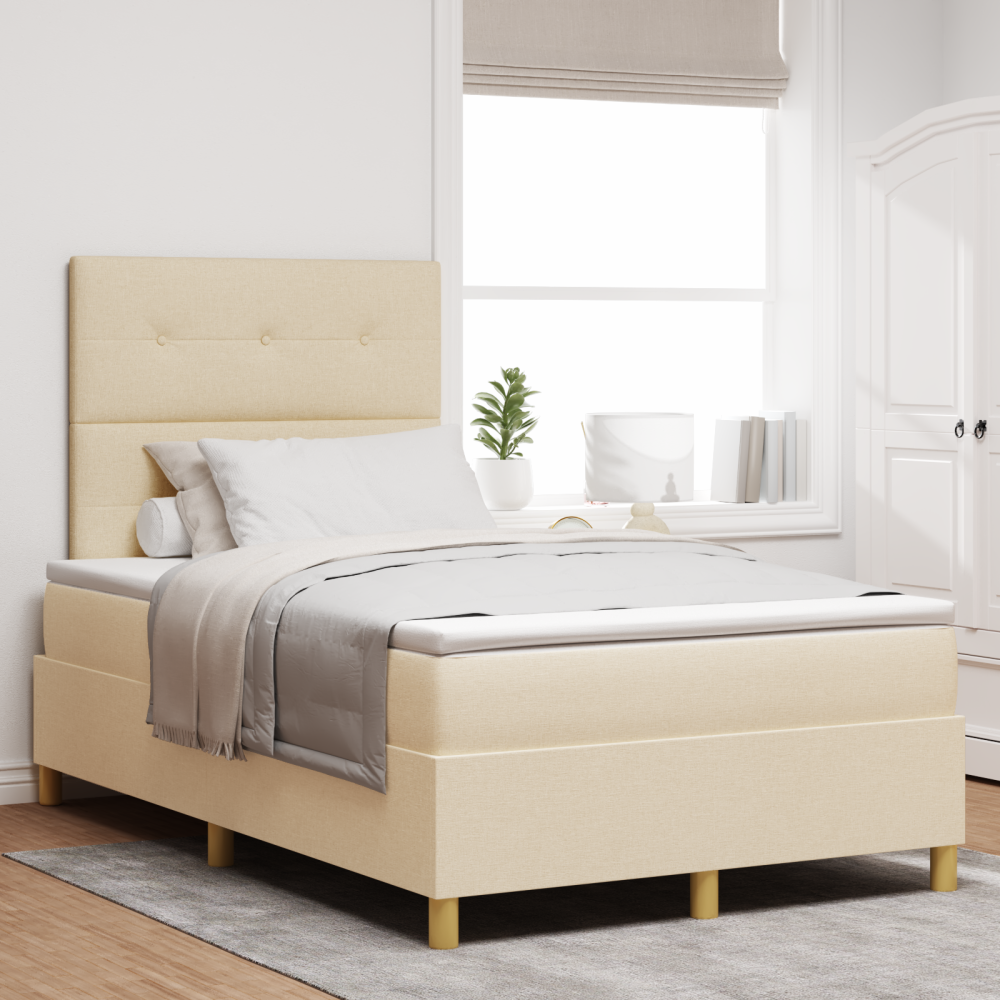 vidaXL LED Box Säng med madrass med huvudgavel Kräm 120 x 200 cm tyg