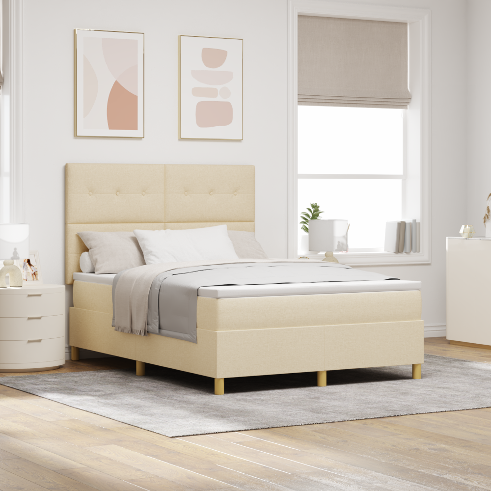 vidaXL LED Box Säng med madrass med huvudgavel Kräm 160 x 200 cm tyg