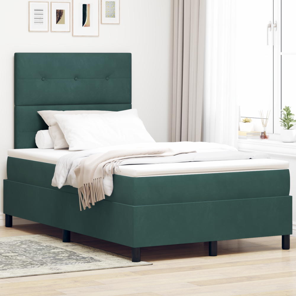 vidaXL LED Box Säng med huvudgavel Mörkgrön 120 x 190 cm Sammet