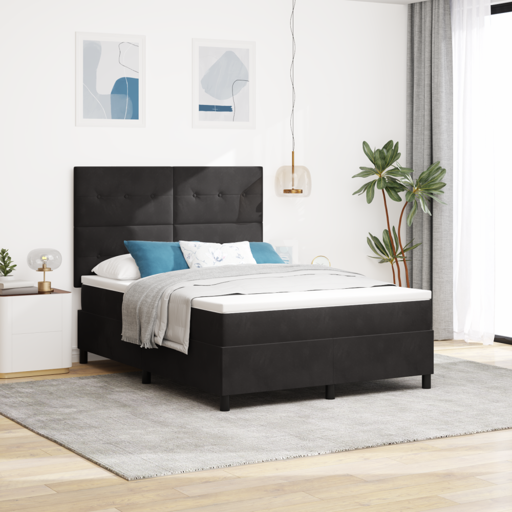vidaXL LED Box Säng med huvudgavel Svart 140 x 200 cm Sammet