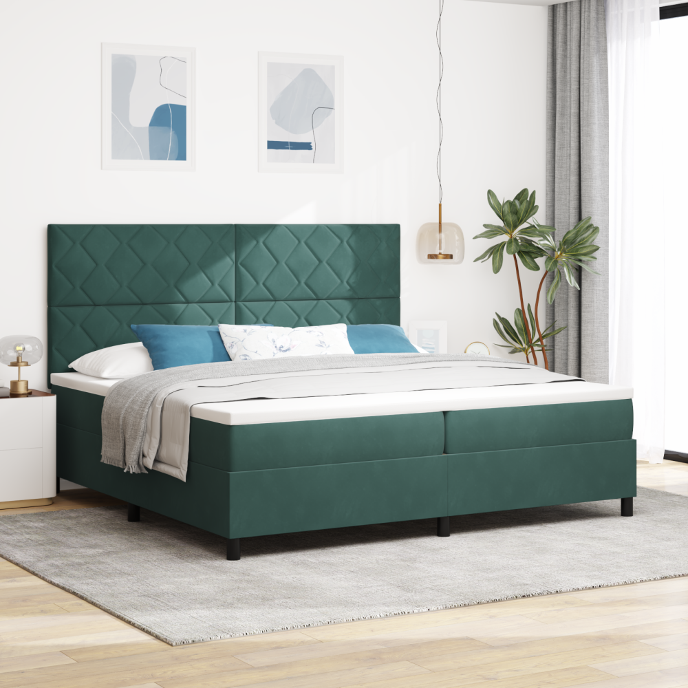 vidaXL LED Box Säng med huvudgavel Mörkgrön 200 x 200 cm Sammet