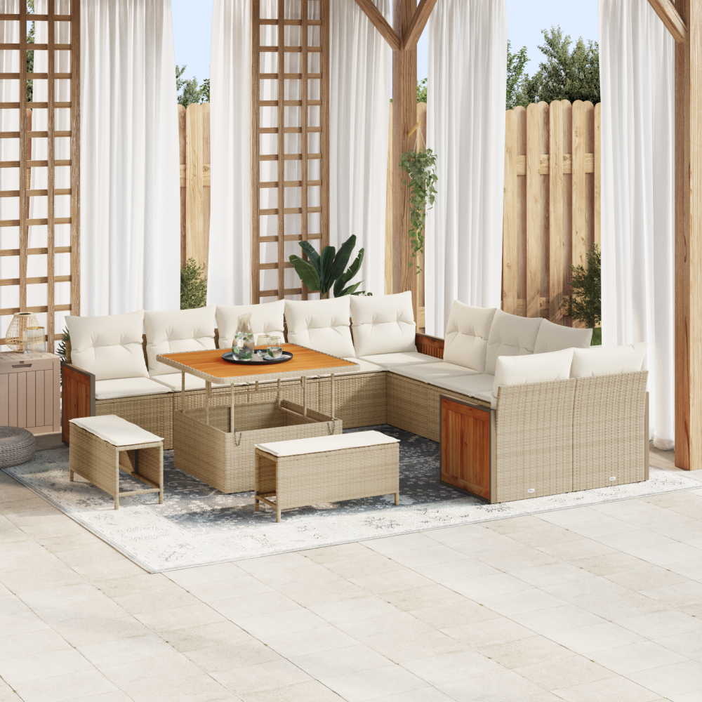 vidaXL 13 Delars Trädgårdsoffaset med Kuddar Beige Poly Rattan Akacia