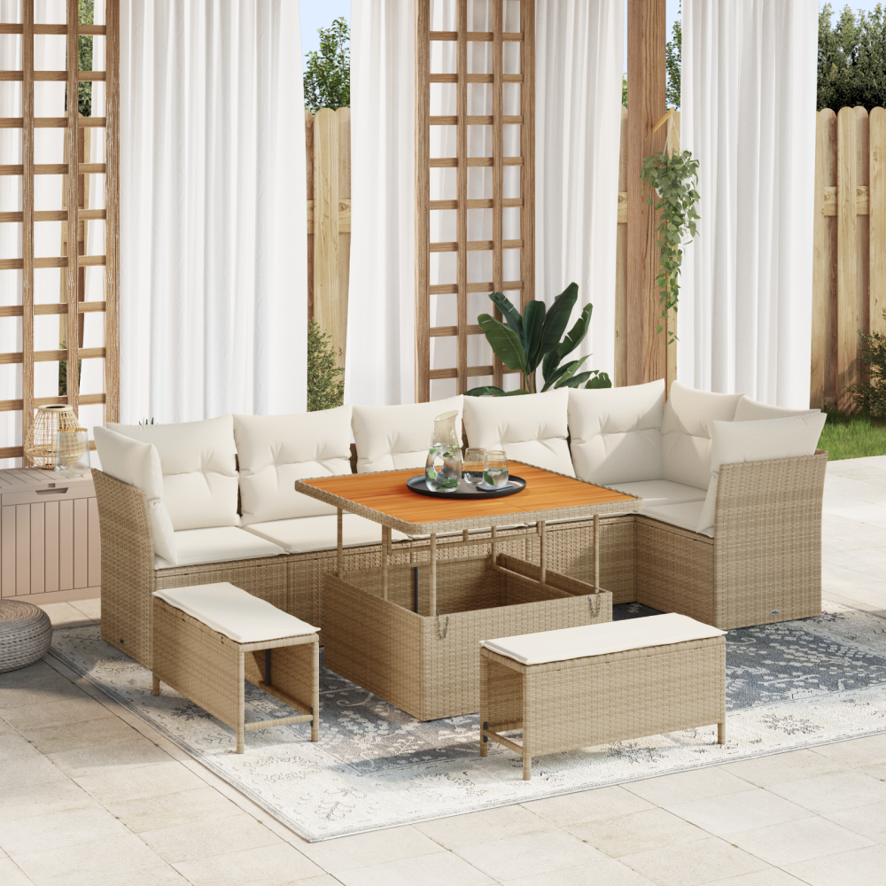 vidaXL 9-delat trädgårdsoff-set med kuddar beige poly rotting akacia