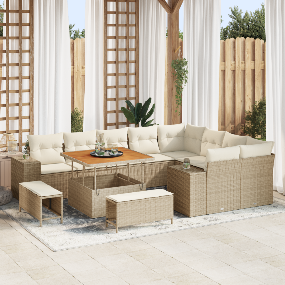 vidaXL 12-delat trädgårdsoffset med kuddar beige poly rattan akacia