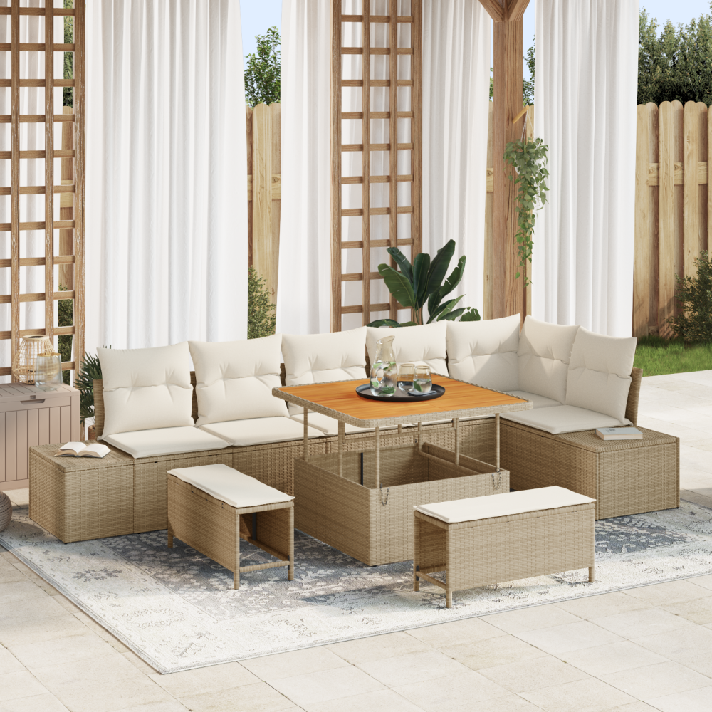 vidaXL 9-delad trädgårdsoff set med kuddar i beige poly rattan akacia