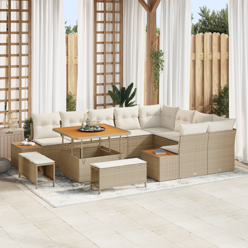 vidaXL 12-delad trädgårdsoffset med kuddar beige poly rattan akacia