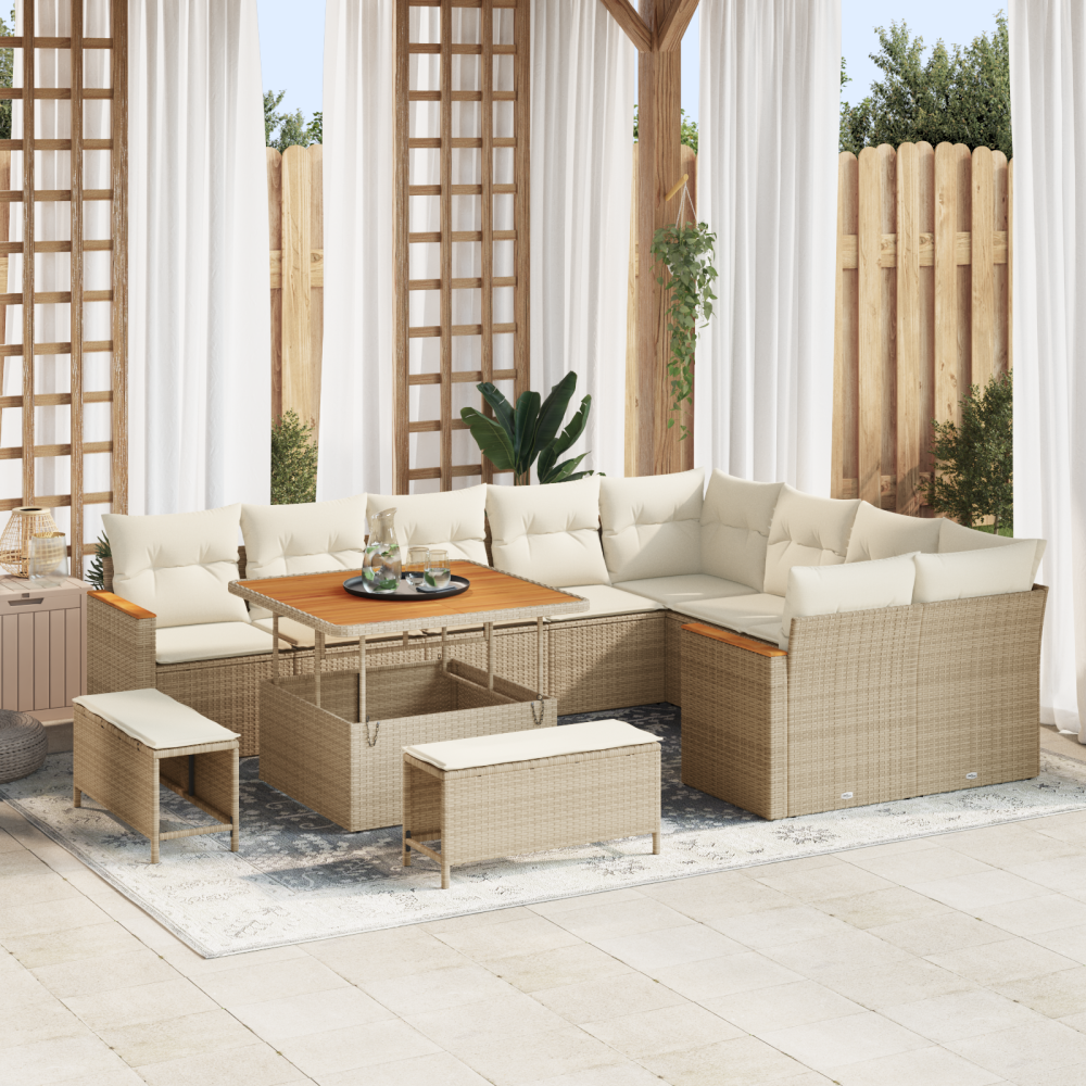 vidaXL 12-delars trädgårdsoff set med kuddar Beige Poly Rattan Acacia