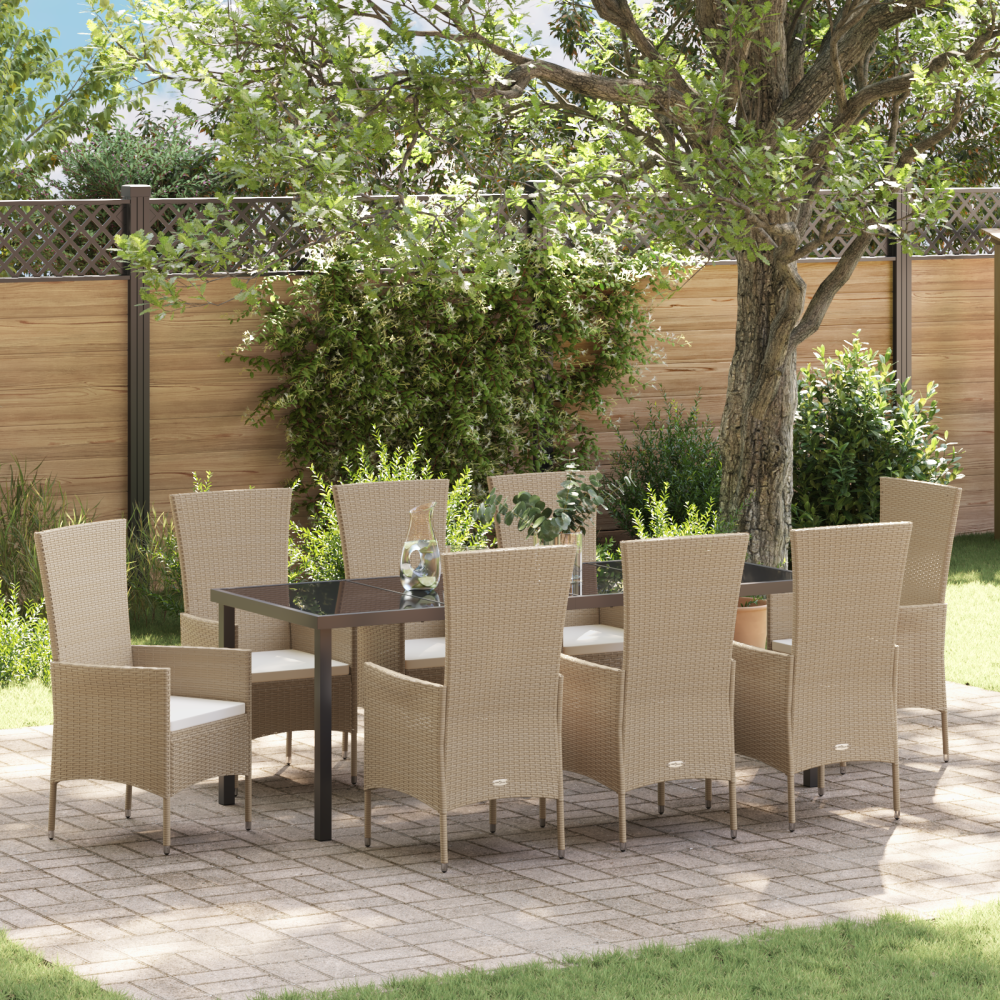 vidaXL 9-delars trädgårdsmatsalsset med kuddar Beige Poly Rattan