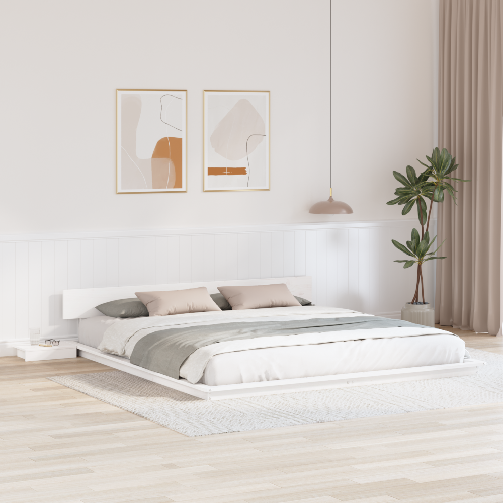 vidaXL Golvsängram med sängbord Vit 200x200cm Massivt trä