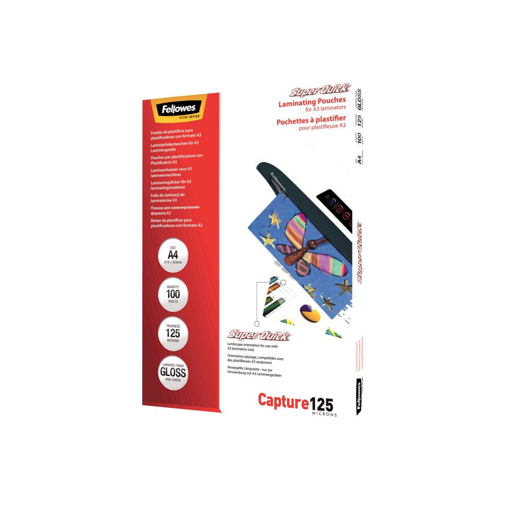 FELLOWES Fellowes Laminating Pouches SuperQuick Capture 125 micron - 100-pack - glättat - A4 - lamineringsfickor