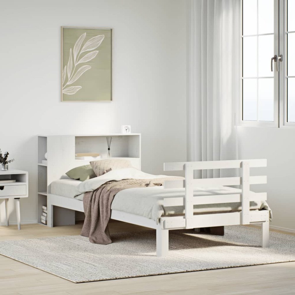 vidaXL Säng med bokhylla utan madrass vit 90x190cm massiv furu