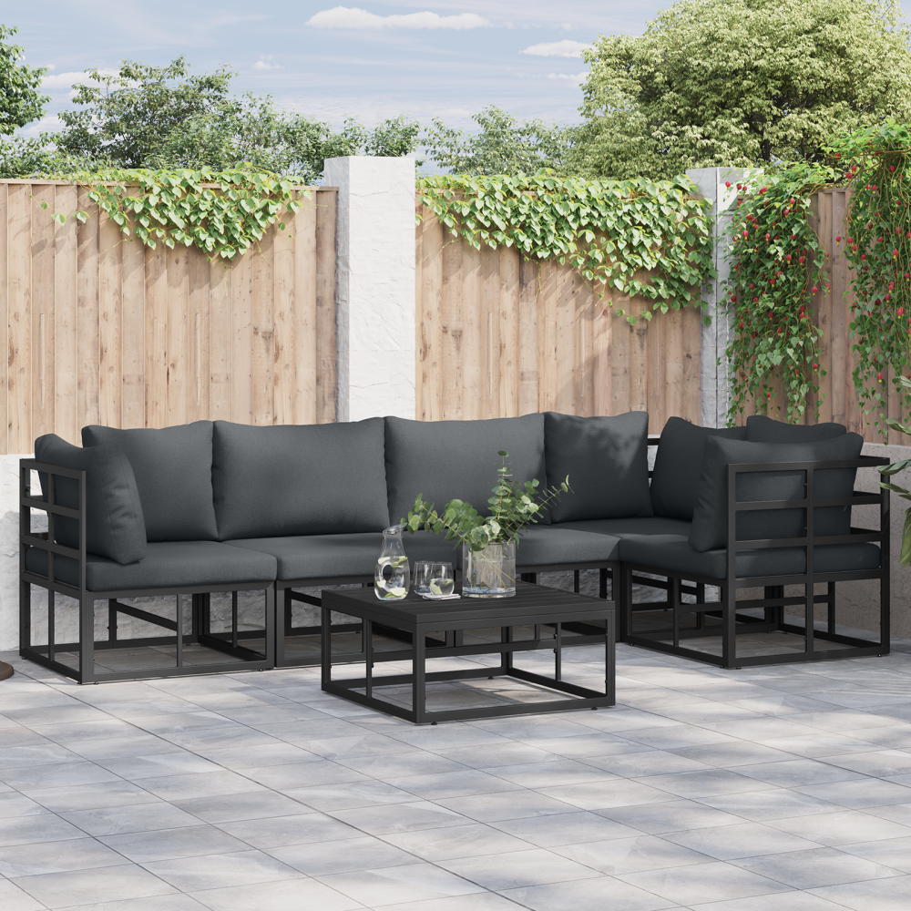vidaXL Trädgårdsoffset med kudde med kudde 6 pcs Svart 70 x 70 x 32 cm Aluminium