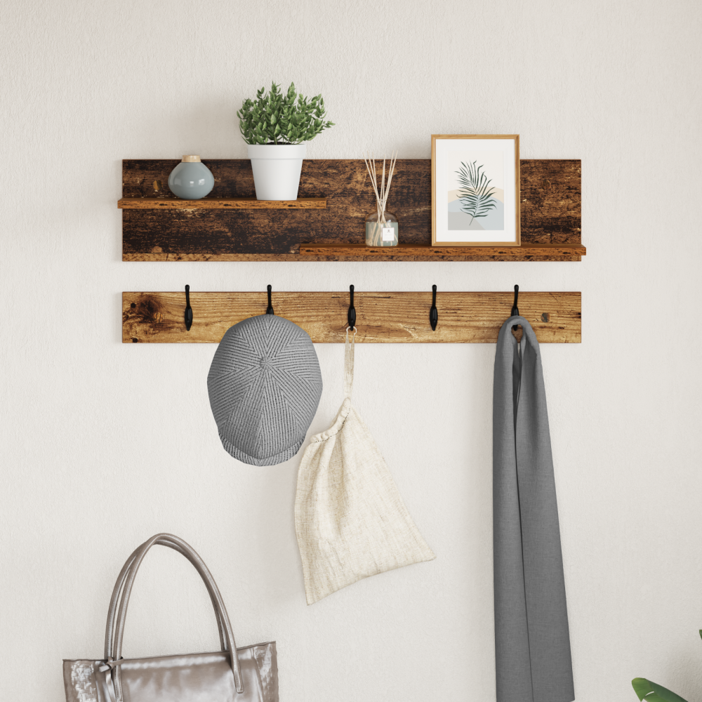 vidaXL Väggmonterad Klädhängare med hylla Gammalt trä 90 x 15 x 36 cm