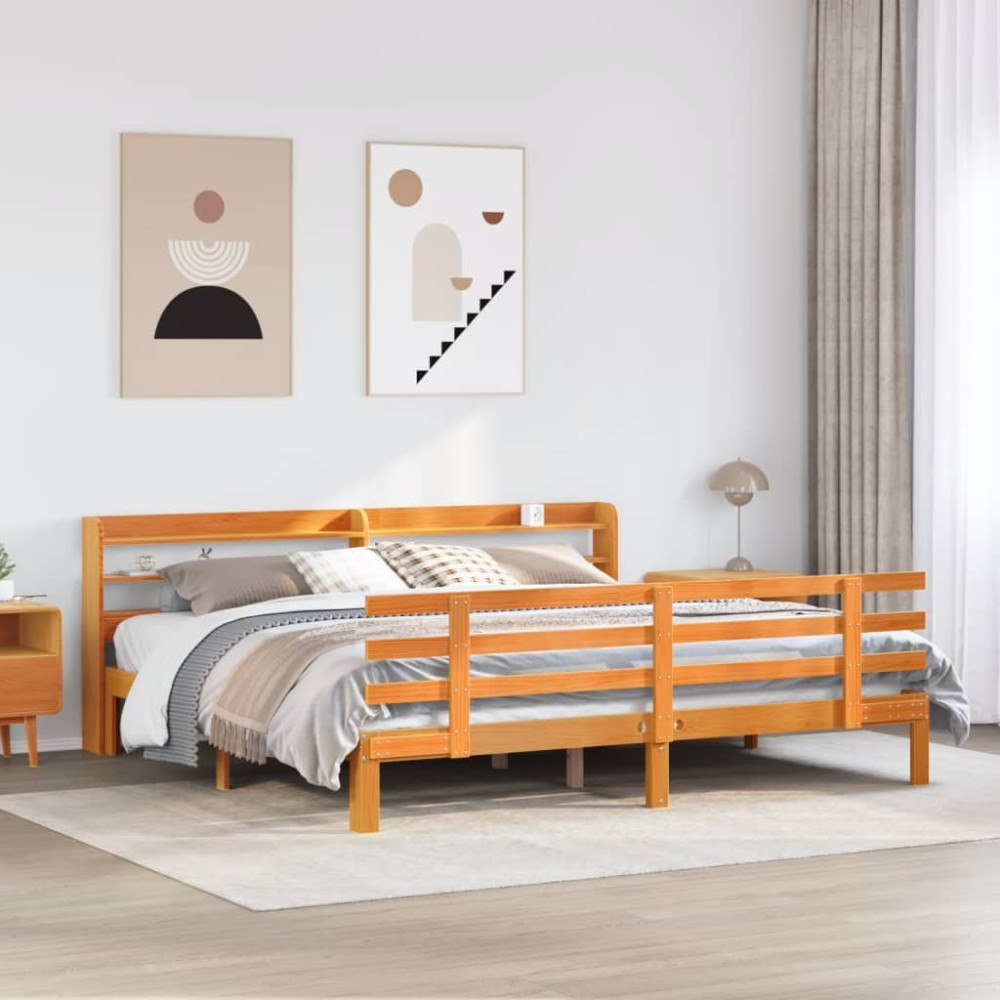 vidaXL Sängram med huvudgavel vaxbrun 180x200 cm massiv furu
