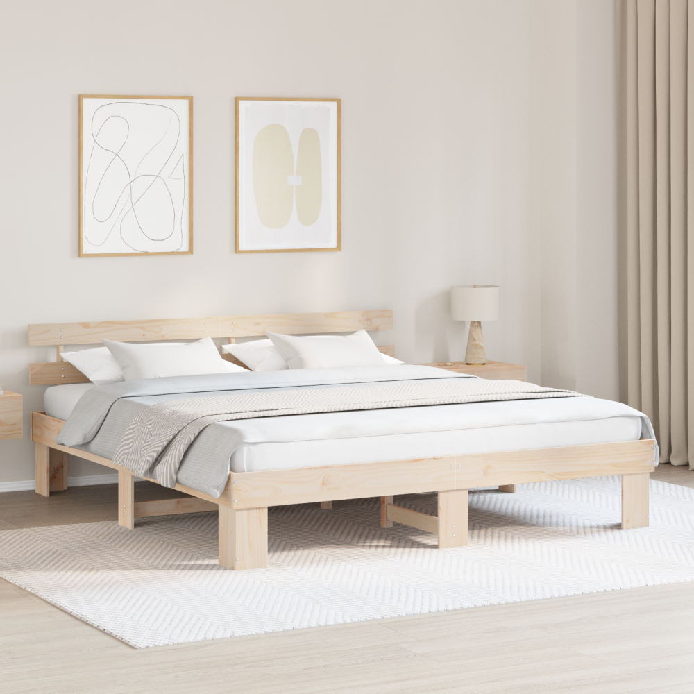 vidaXL Sängram med huvudgavel Naturfärg 200 x 200 cm Massiv furu