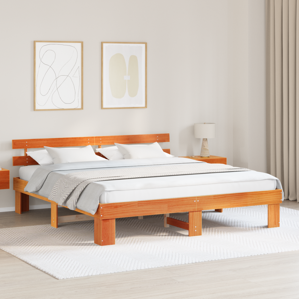 vidaXL Sängram med Huvudgavel Vaxbrun 200x200 cm Massivt trä Tall