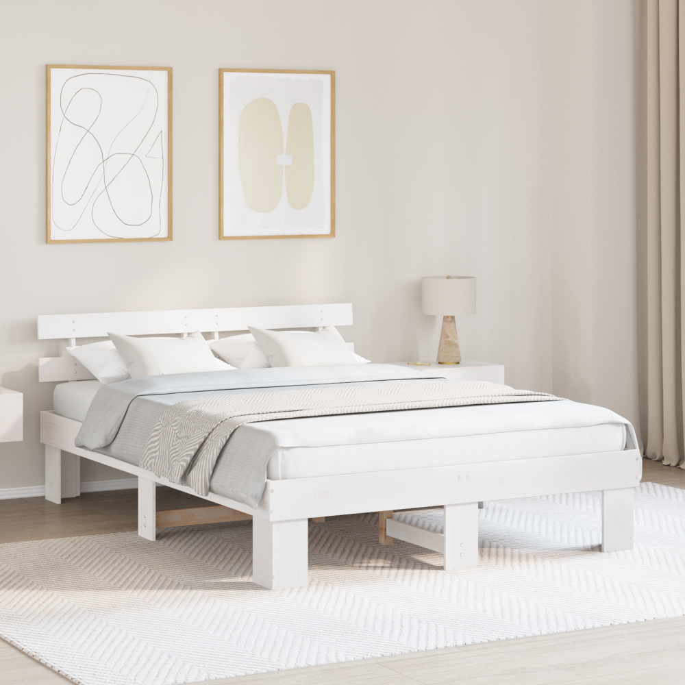 vidaXL Sängram med huvudgavel Vit 160 x 200 cm Massiv furu